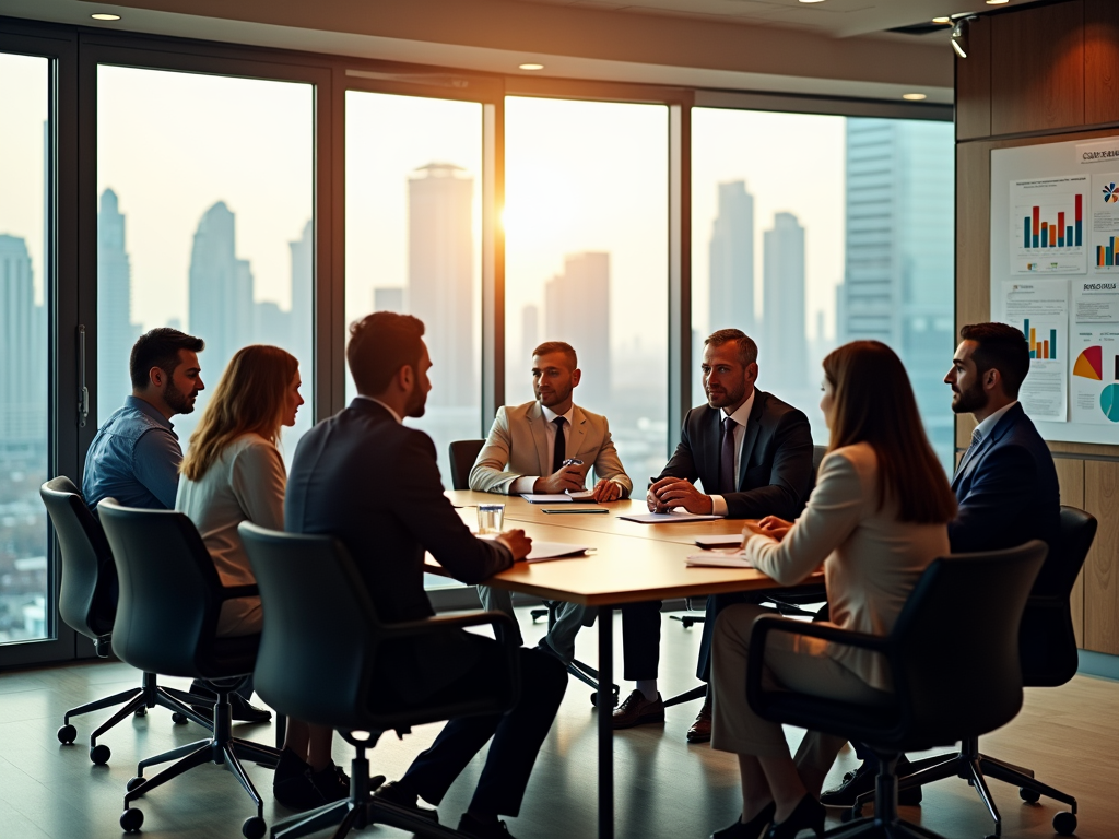 Group of business professionals in a meeting at a conference table with city skyline in the background.