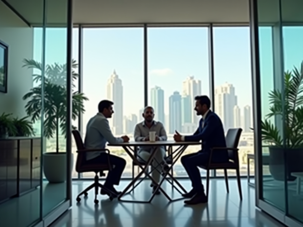 Three men in a business meeting in a modern office with cityscape view visible through large windows.