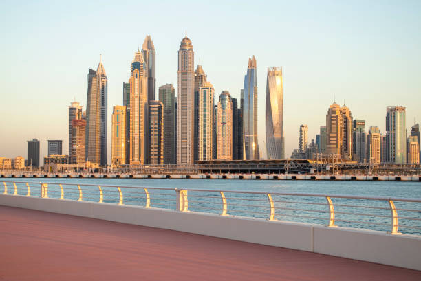 Dubai skyline with modern skyscrapers, viewed from the water, related to real estate management in the city.