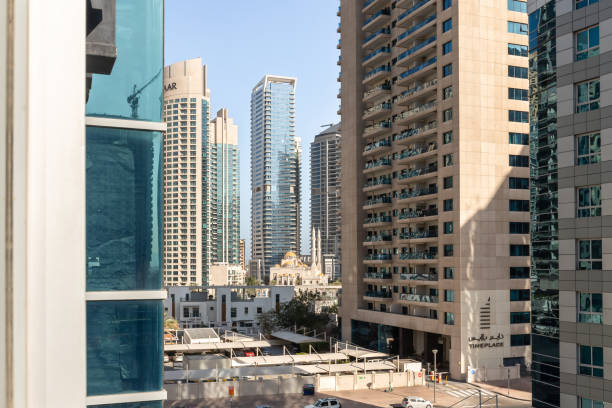 View of modern skyscrapers and buildings in Al Rashidiya, Dubai, showcasing urban residential living.